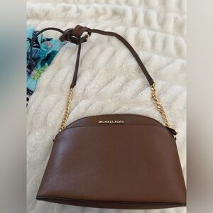 Michael Kors Chocolate BrownTan Crossbody Bag with Gold Accents 7x9.